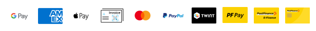Zahlungs icons: Google Pay, American Express, Apple Pay, Rechnung (QR-Rechnung), Mastercard, PayPal, TWINT, PostFinance Pay (PF Pay), PostFinance E-Finance, PostFinance Card